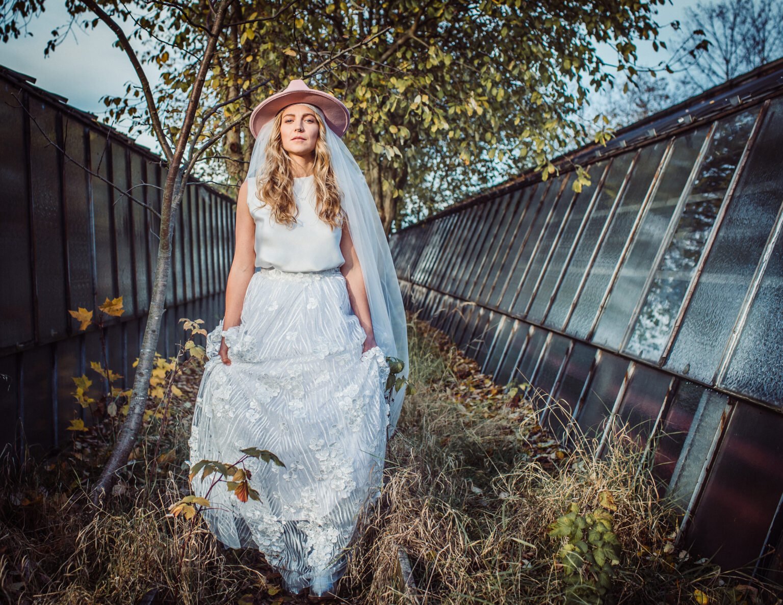 bridal fashion model in an old nursery