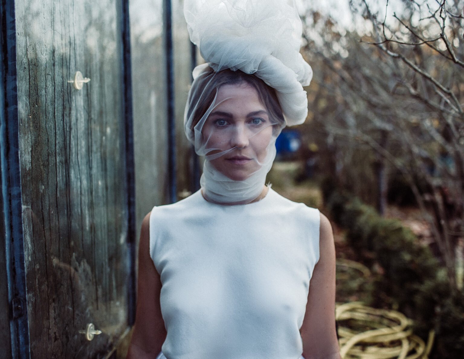 bridal fashion model in an old nursery